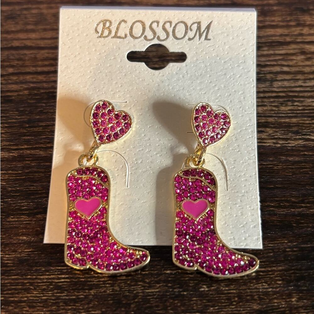 Pink‎ Cowboy Boot Earrings with Heart Accent